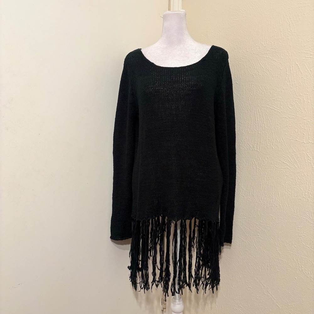 Black Fringe Knit Long Sleeve Sweater Tunic Cross Back Witchy Whimsigoth Sz S
